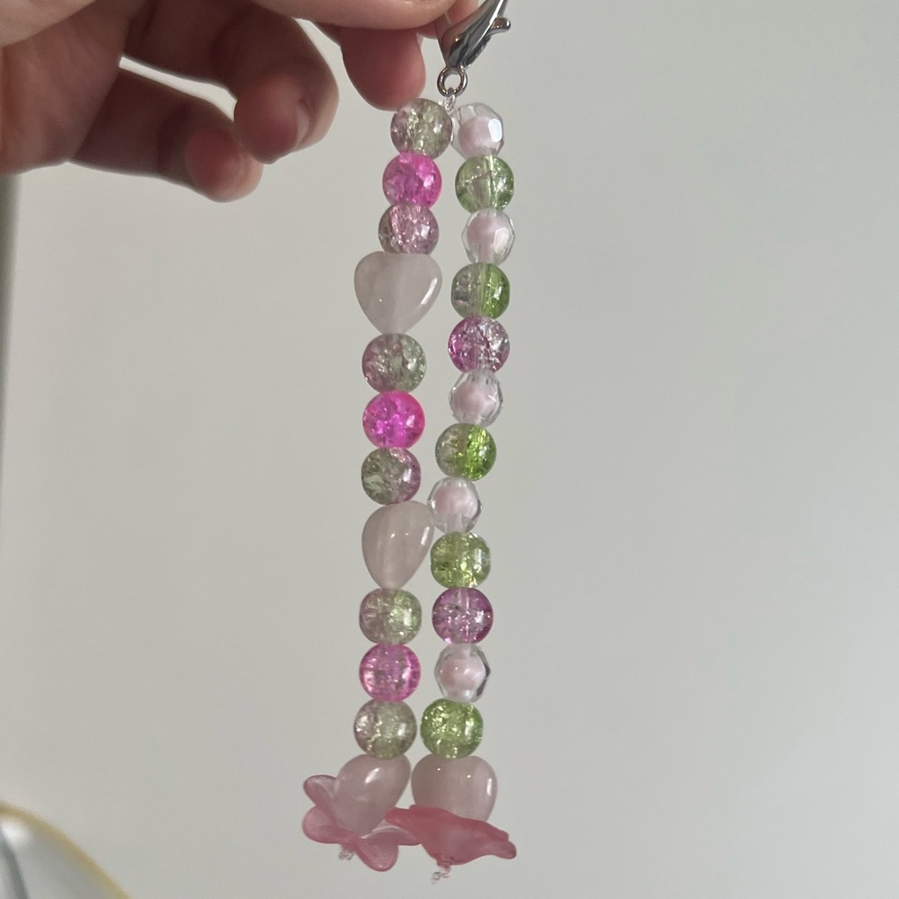 Handmade Green and pink heart and flower keychain